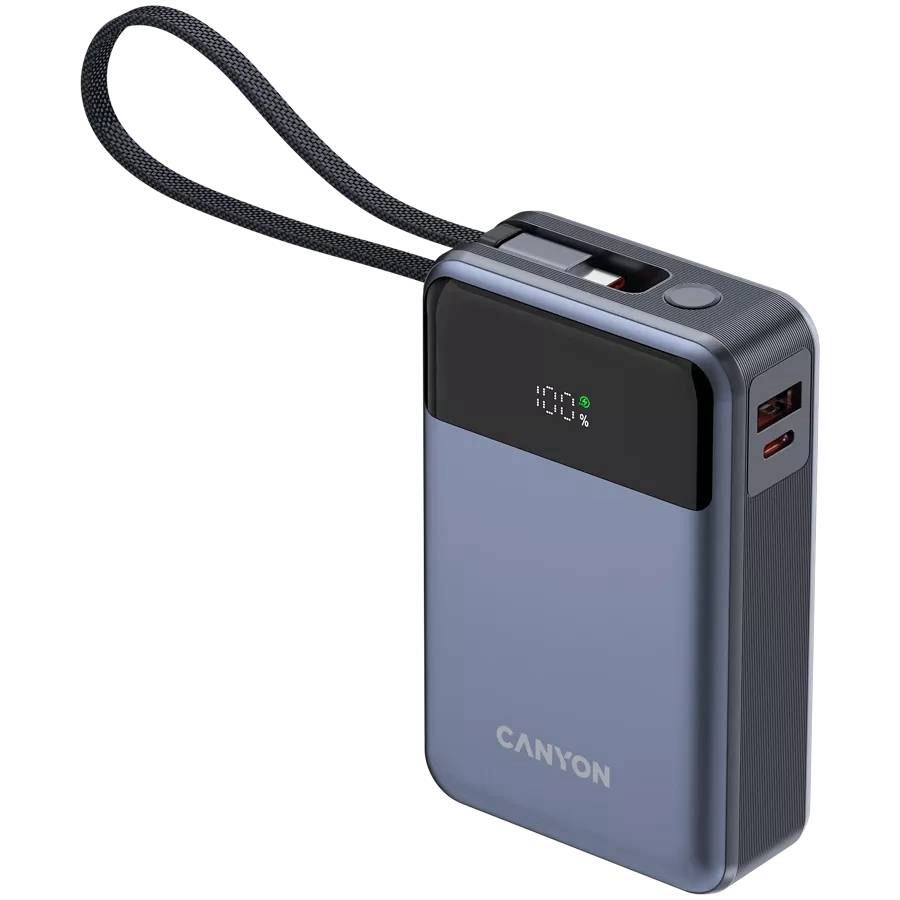 Prijenosni baterijski punjač Canyon OnPower 600 built-in cable 20000 mAh PD65W USB-A (Ž) / USB-C (Ž) - tamno siva